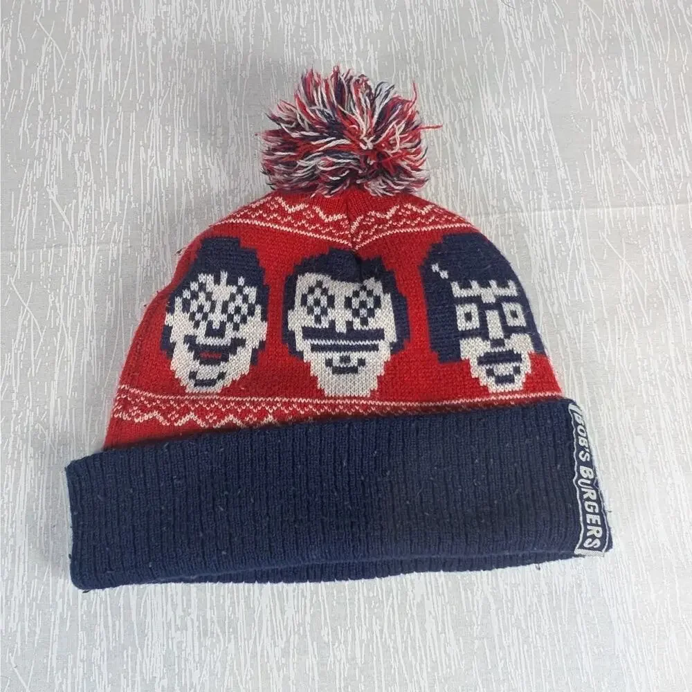 Bob's Burgers Beanie Hat One Size Knit Red Blue 8 Bit